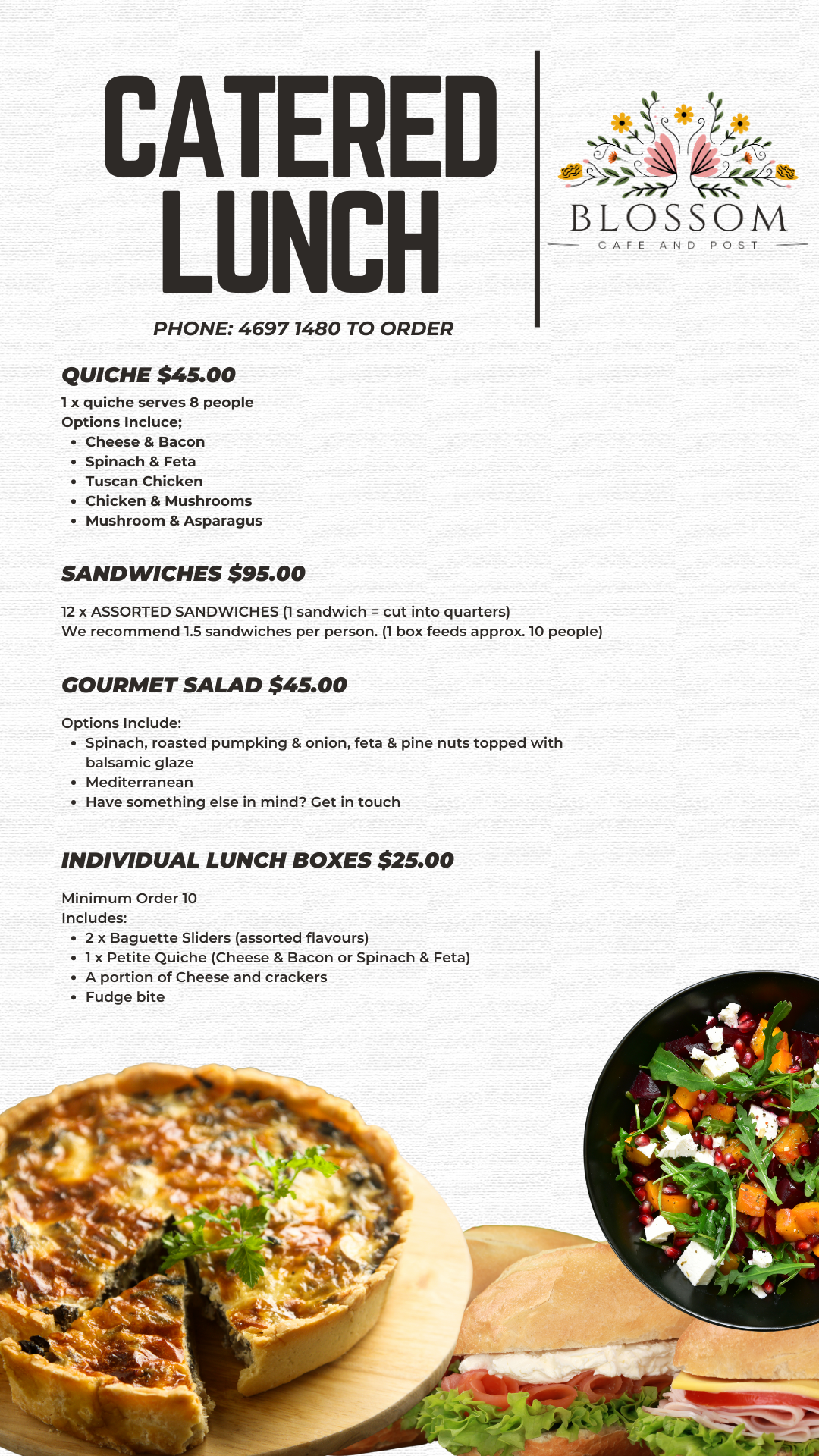 Catered lunch menu with salads, sandwiches, and quiche. Blossom Cafe logo in the top right.