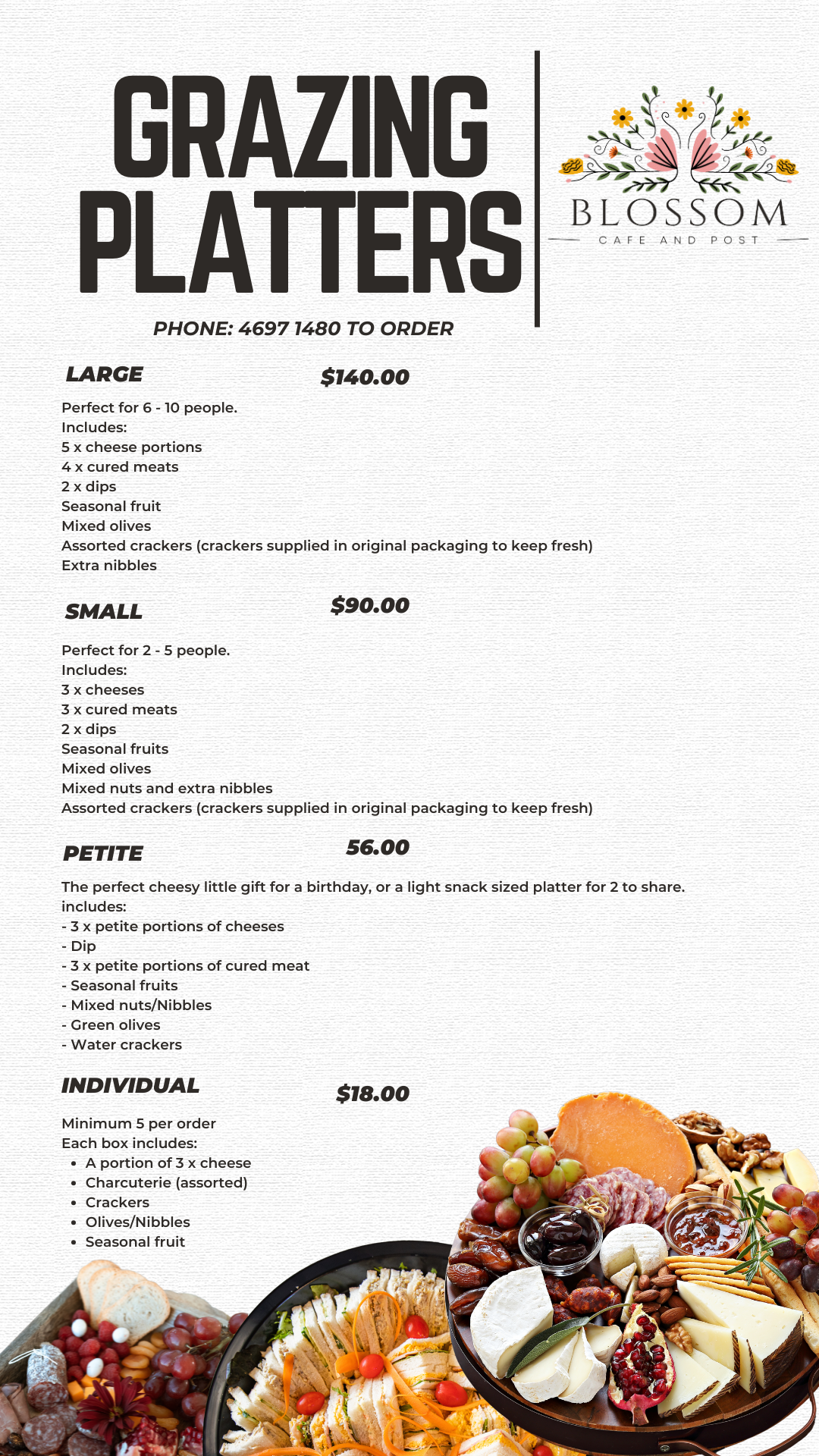 Menu for Blossom featuring grazing platters. Includes options like sauce, roll, petits, and Montana.