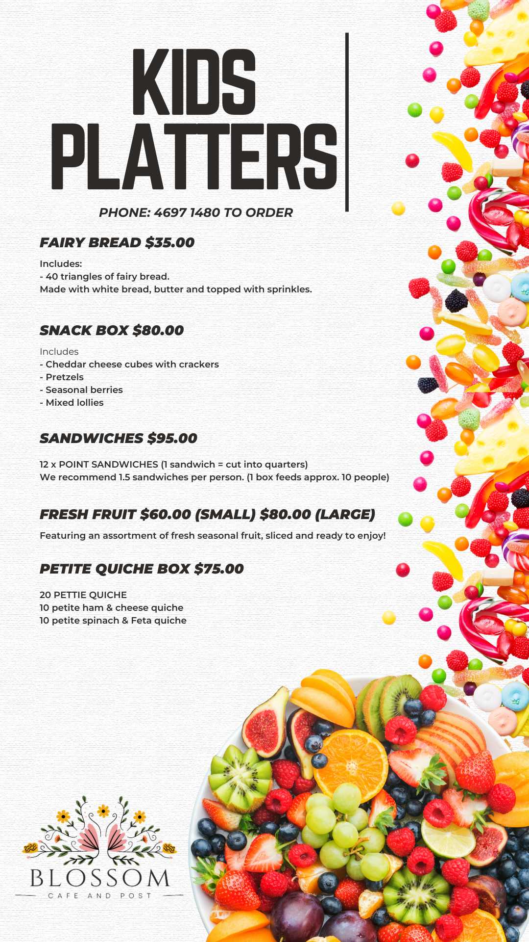 Menu for kids platters. Includes options like fairy bread, sandwiches, and fresh fruit.