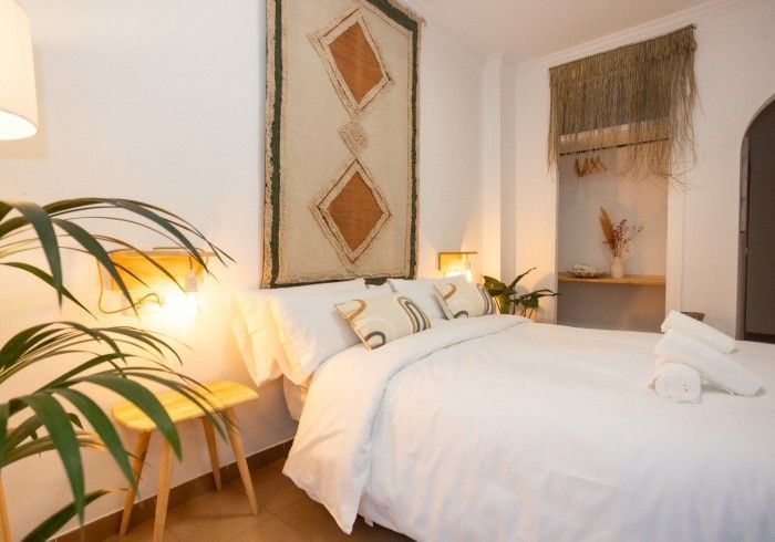Un dormitorio con una cama grande y una palmera.