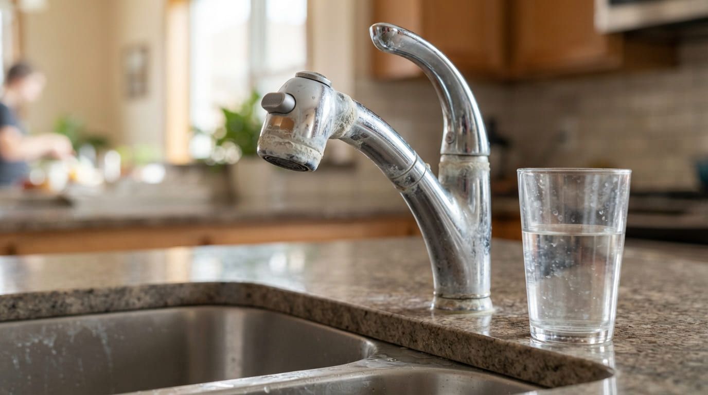 Close view of mineral buildup on a kitchen faucet beside a cloudy drinking glass