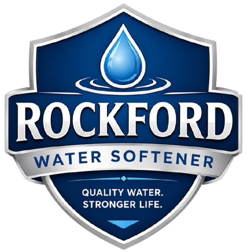 Rockford Water Softener Logo with Shield Badge Emblem, Water Droplet, Ripple Graphic, Quality Water Tagline, and Company Name in Rockford, IL