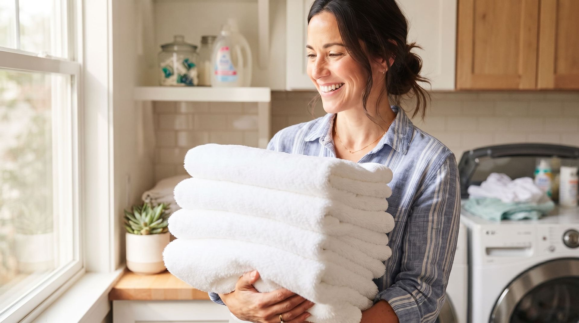 Woman Holding Soft White Towels After Using a Water Softener and Filtration System in Rockford, IL