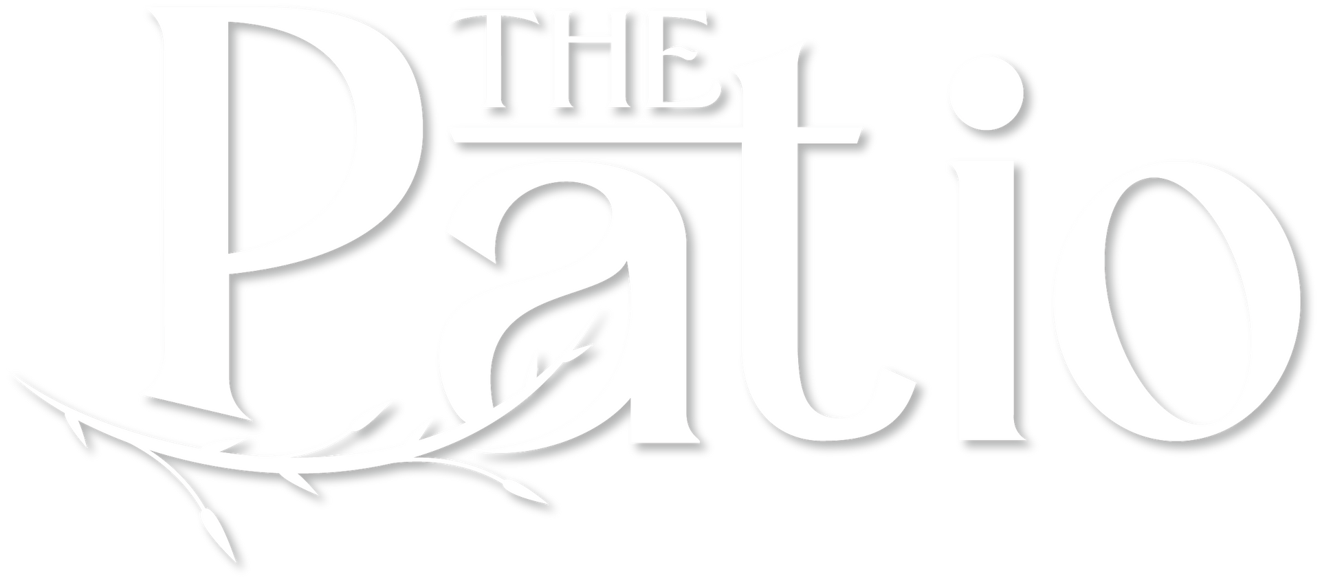 A white logo for the patio with a bird on it.