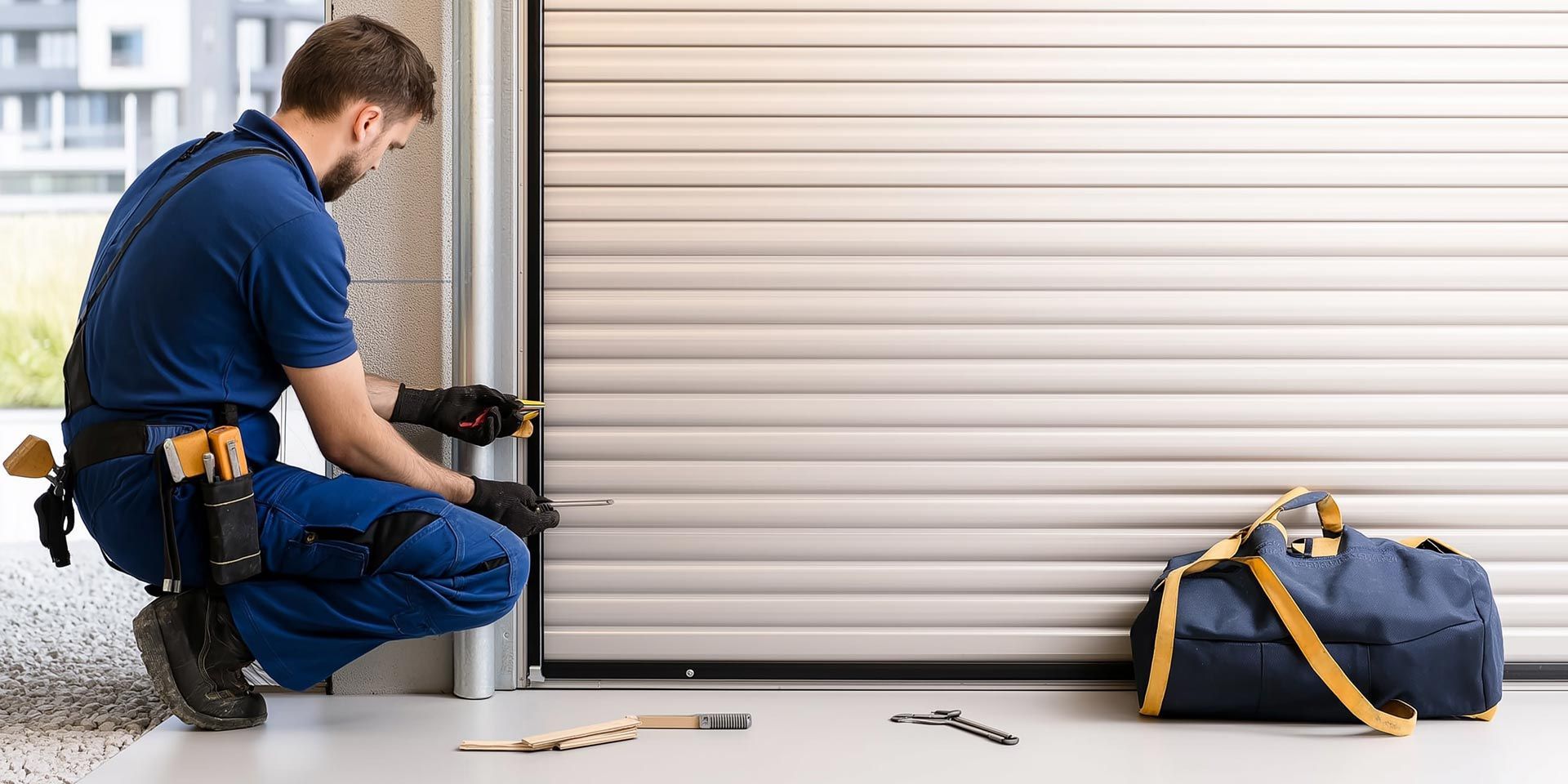 Garage door repair technician crouching beside a roll-up door with tools and a bag nearby.