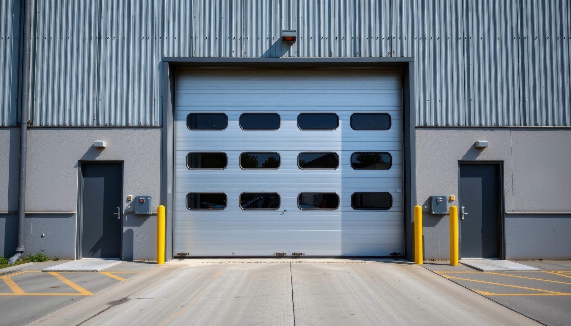 Loading dock with a large, light-colored garage door and two side doors; corrugated metal building exterior; concrete driveway.