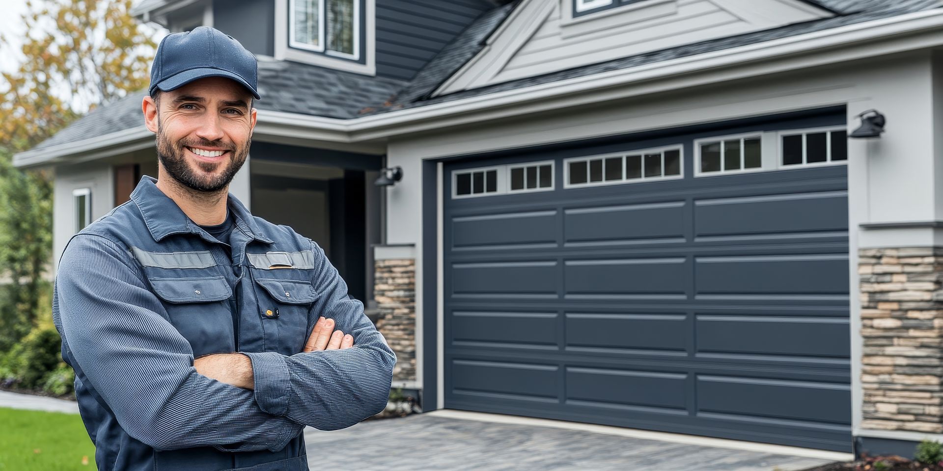 Smiling garage door repair company technician with arms crossed in front of a gray garage door