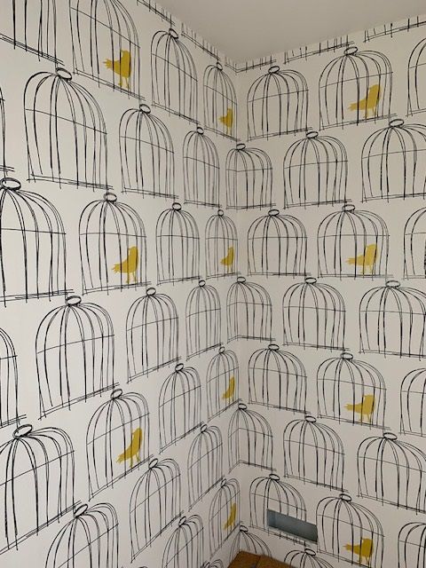 A wall with a pattern of bird cages on it