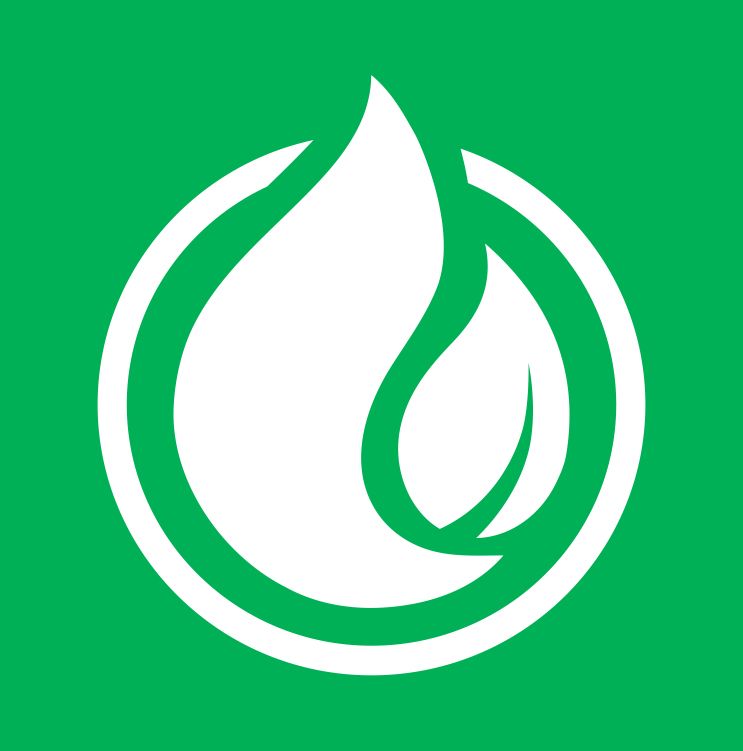 A white leaf in a green circle on a green background.