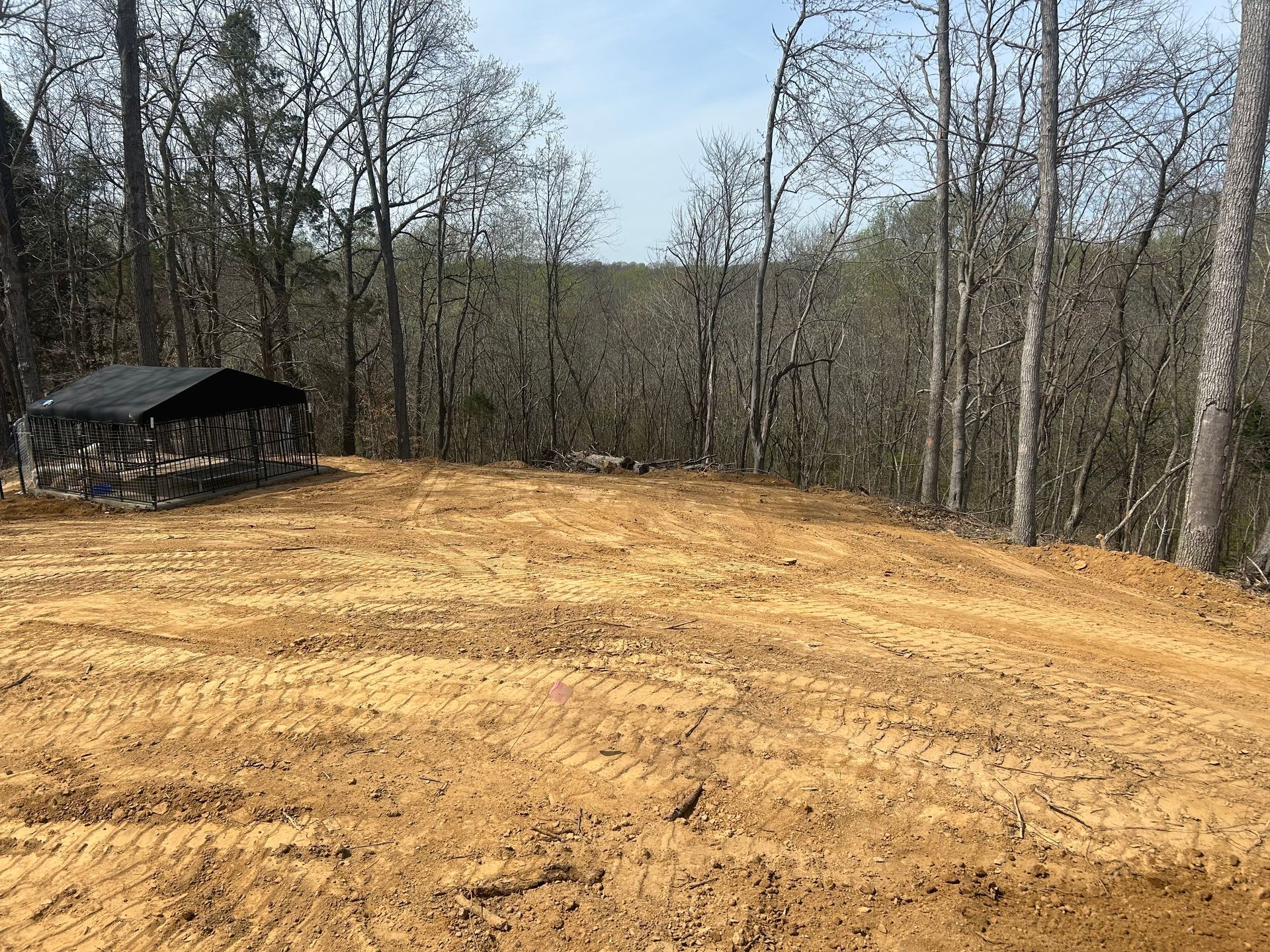 Cleared dirt lot beside leafless trees with a small black-roofed shelter on the left.