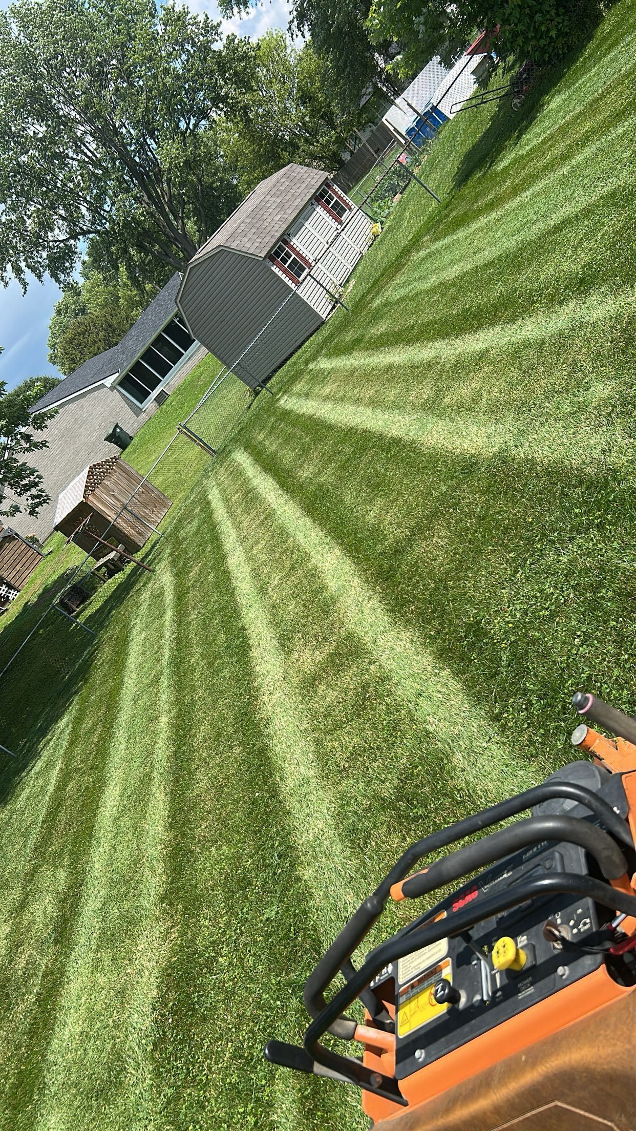 Mowed backyard lawn with diagonal stripes, shed and trees in the background, lawn mower in foreground