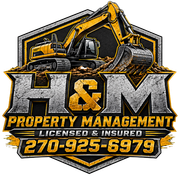 H&M Property Management logo with excavator, &ldquo;Licensed & Insured,&rdquo; and phone number 270-925-6979