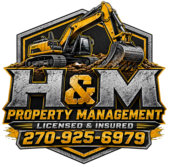 H&M Property Management logo with excavator, &ldquo;Licensed & Insured,&rdquo; and phone number 270-925-6979