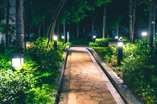 Sentiero in pietra chiara che attraversa un rigoglioso giardino illuminato di notte, con luci che brillano lungo il percorso