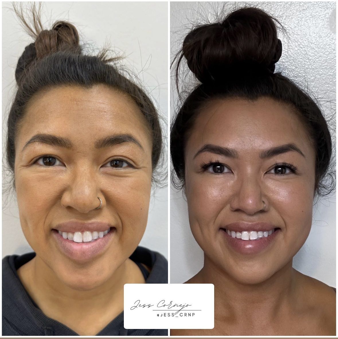 Side-by-side facial comparison of a smiling woman before and after makeup, with hair in a bun.