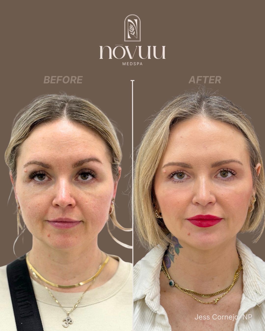 Before-and-after portrait of a woman with makeup, split-screen labeled “Before” and “Better” on a brown background.
