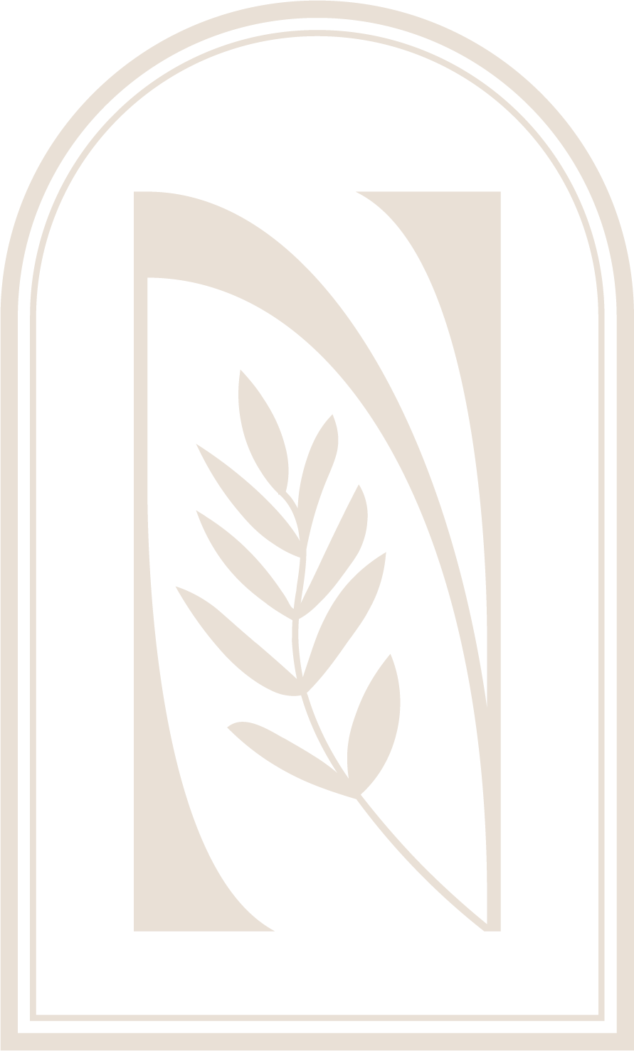 Beige minimalist arched logo with stylized leaf inside a thin border