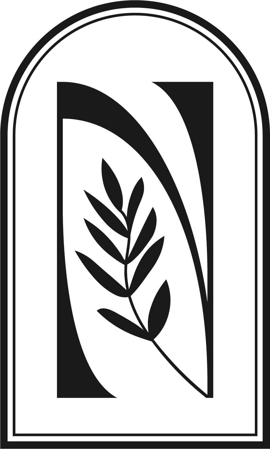 Black-and-white emblem of a stylized leaf inside an arched frame