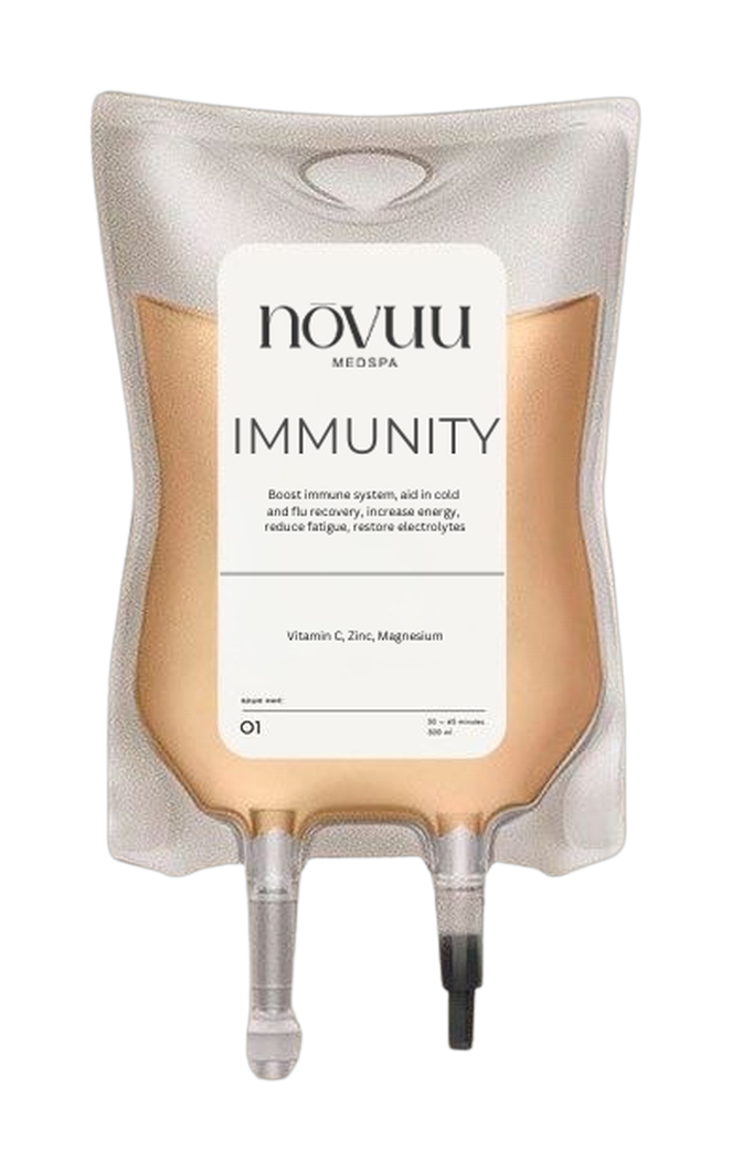 IV drip bag labeled “Novuu Immunity” with silver and peach packaging, hanging vertically