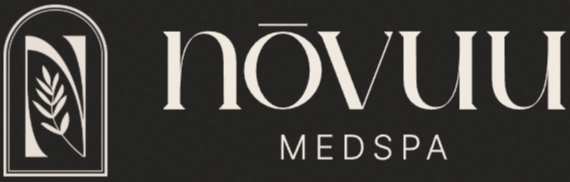 Novuu MedSpa logo in white on a dark background with a stylized leaf icon.