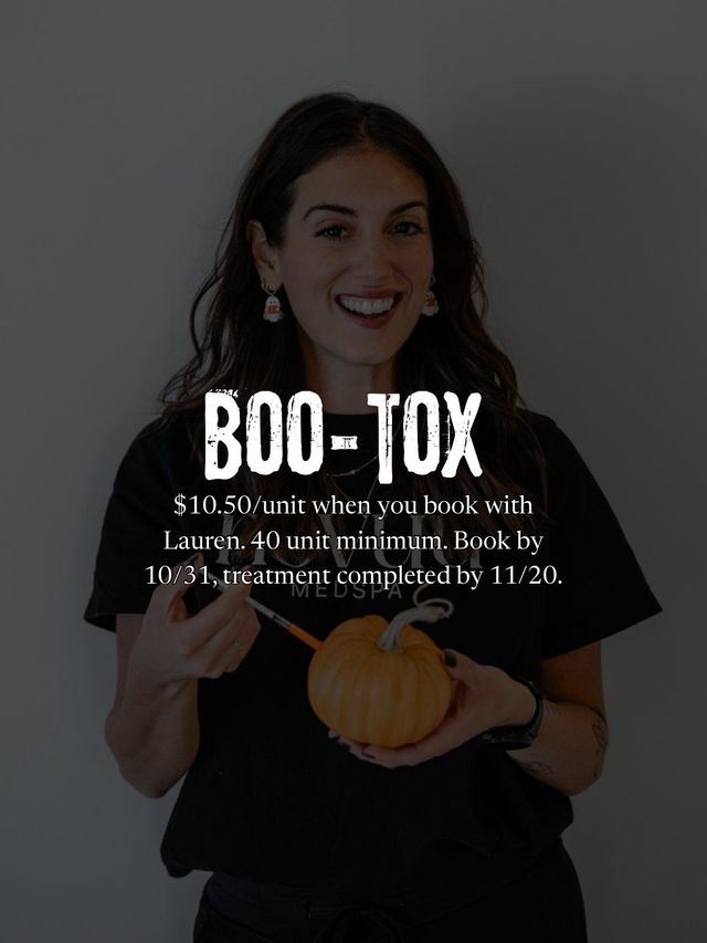 Boo-tox special with Lauren, holding a pumpkin and syringe.