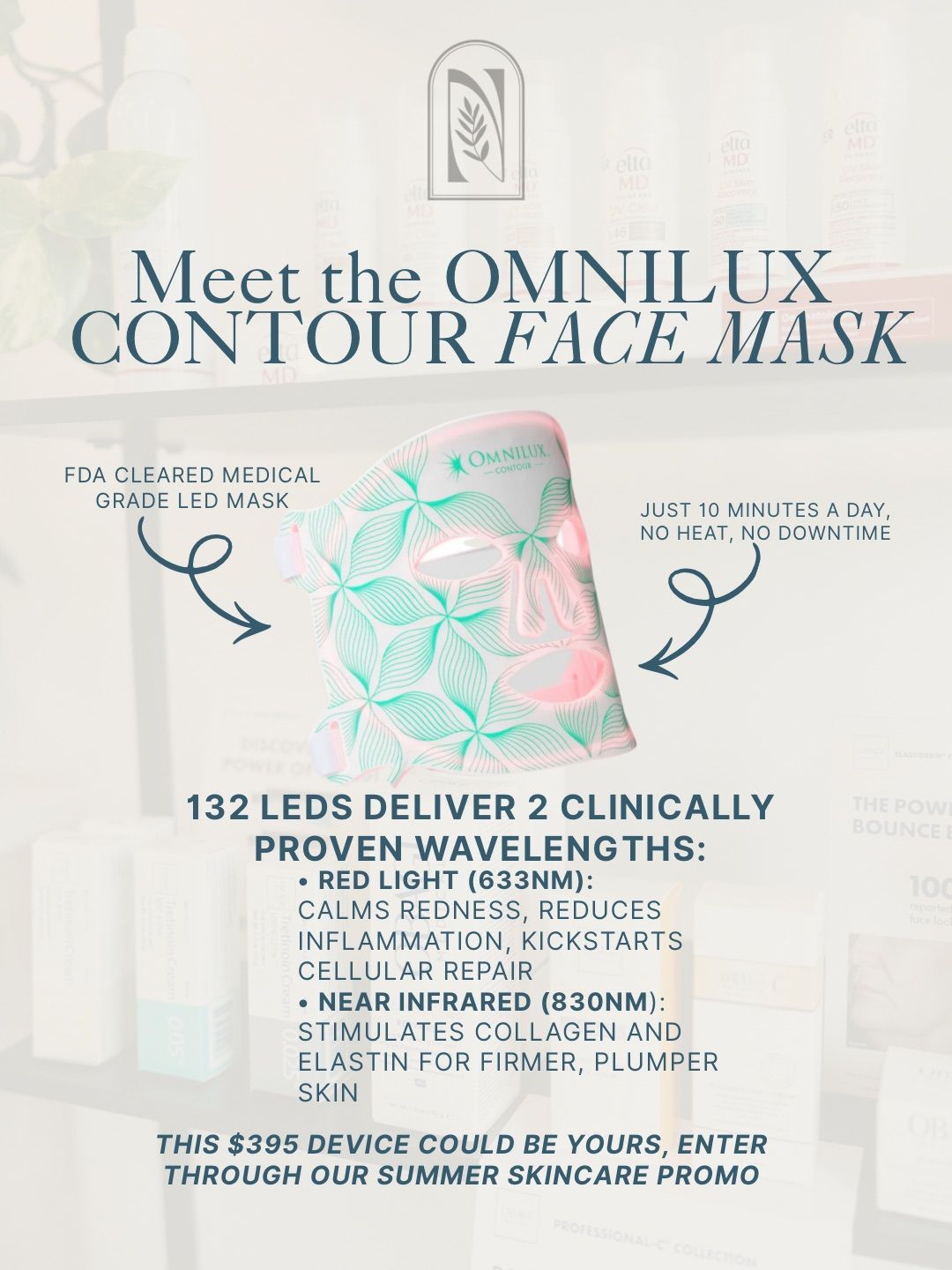Promotional graphic for OMNILUX Contour Face Mask with product photo and feature callouts on a pale background