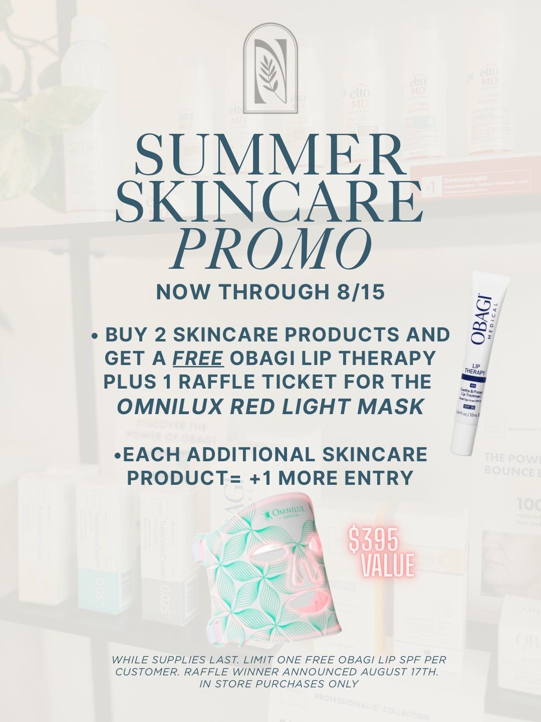 Summer Skincare Promo flyer with pastel products and text about buying 2 products and winning a raffle ticket