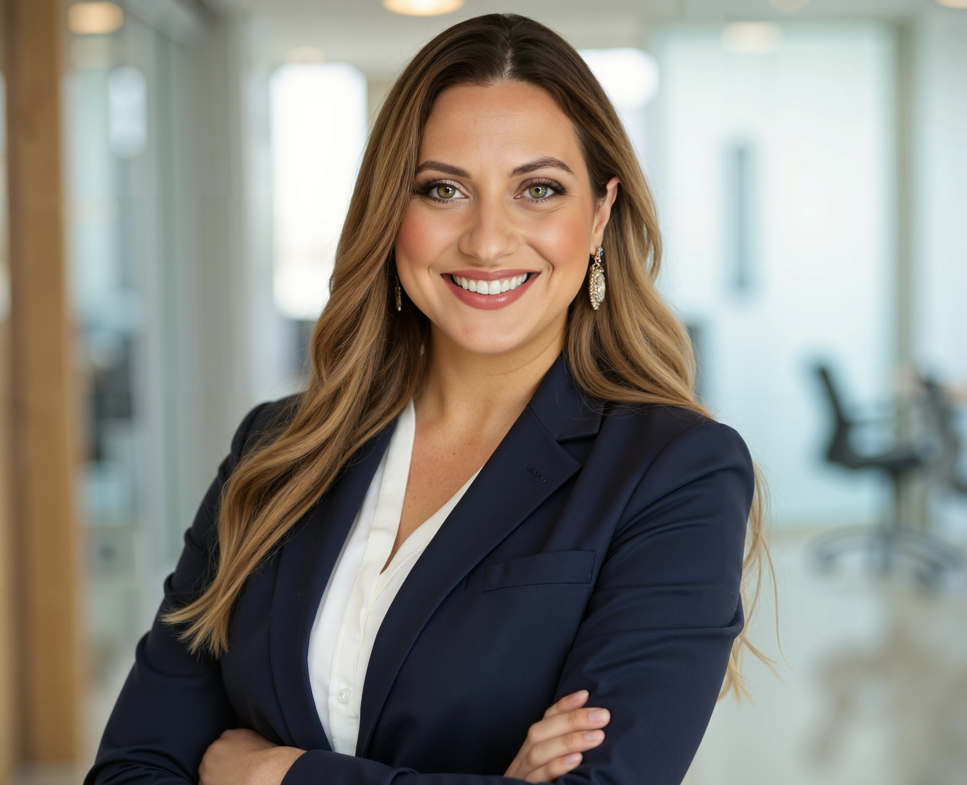 Woman in a navy blazer smiles at the camera, arms crossed. Indoors, blurred office background.