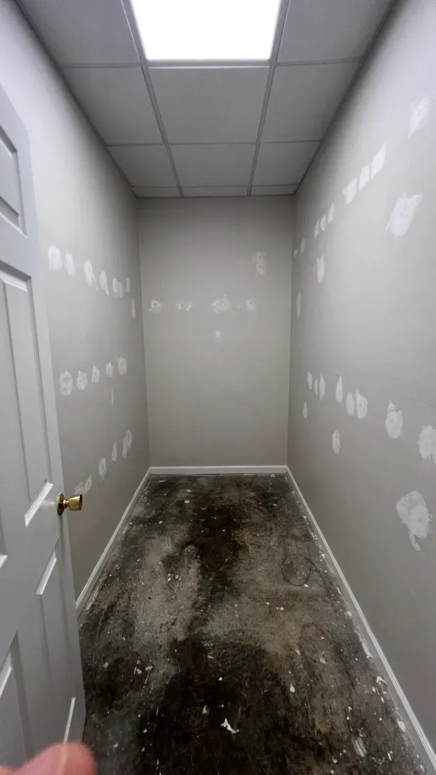 Narrow unfinished hallway with gray walls, white ceiling tiles, and a dirty concrete floor.