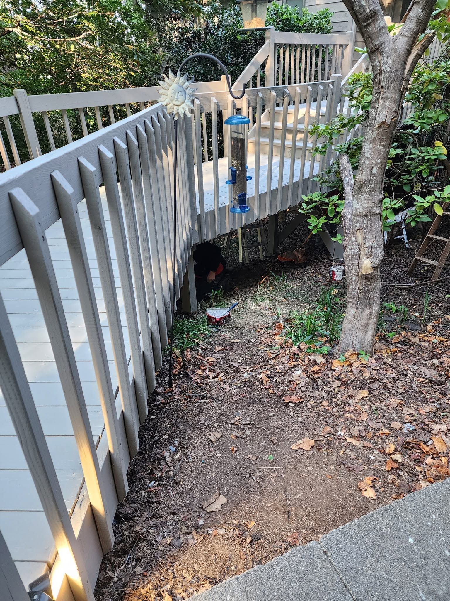 Blue trash bin beside a gray fence and tree along a dirt path in a wooded yard
