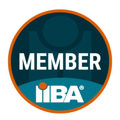 IIBA member badge: Orange circle, teal background with white