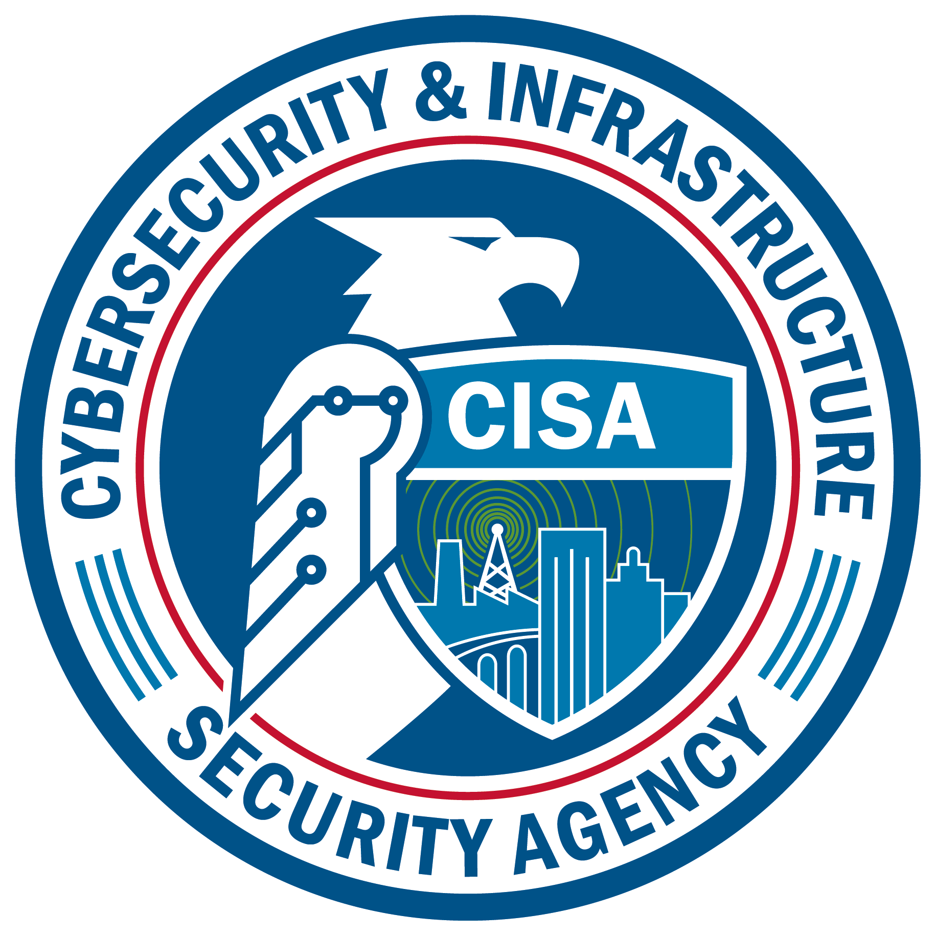 CISA seal with blue, white, and red design. Text says