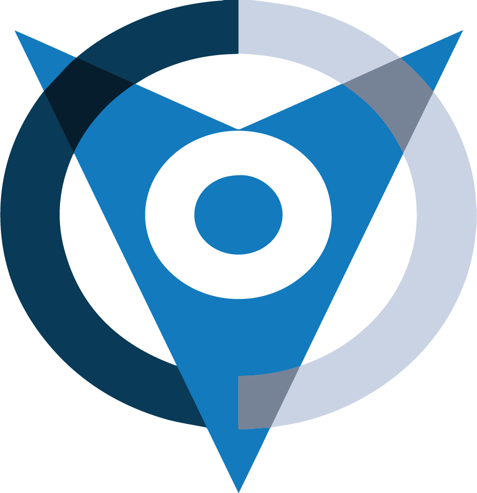 Blue and white logo: overlapping shapes form a V, a circle, and a central dot.