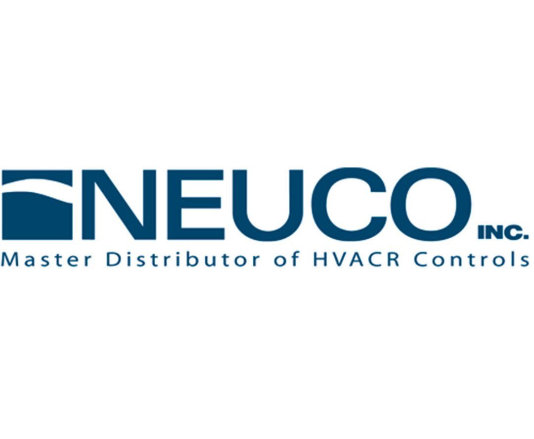 Logo for NEUCO Inc., a master distributor of HVACR controls; dark blue text and wave graphic.