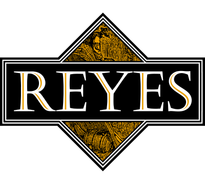Logo for Reyes, black rectangle with white border. Text