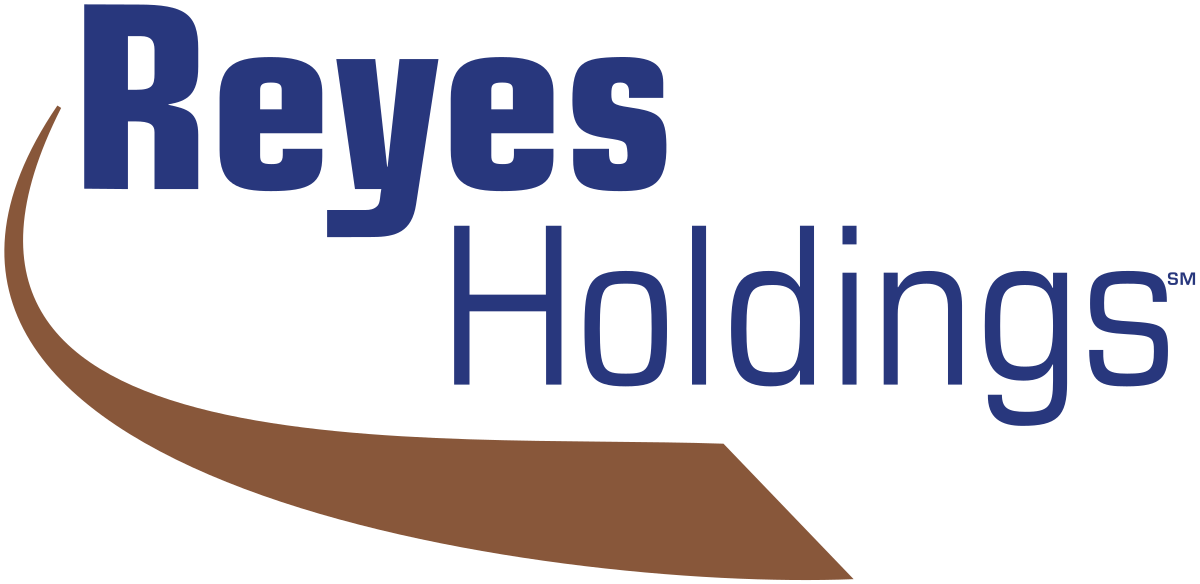 Logo for Reyes Holdings, with blue text and a brown curved design.