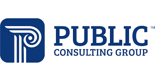 Logo for Public Consulting Group: a blue square with a stylized white Greek column and text