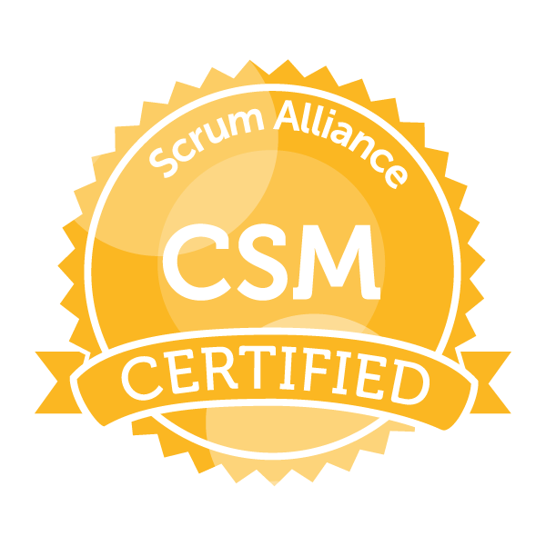 CSM Certified badge from Scrum Alliance, yellow and white.