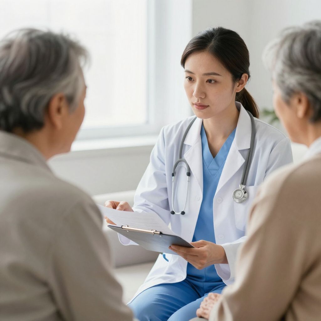 Doctor in a white coat consults with two patients, holding a clipboard, indoors.