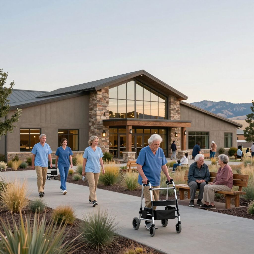 Exterior of a healthcare facility; people walk and sit outside. Some use walkers, staff members accompany them.