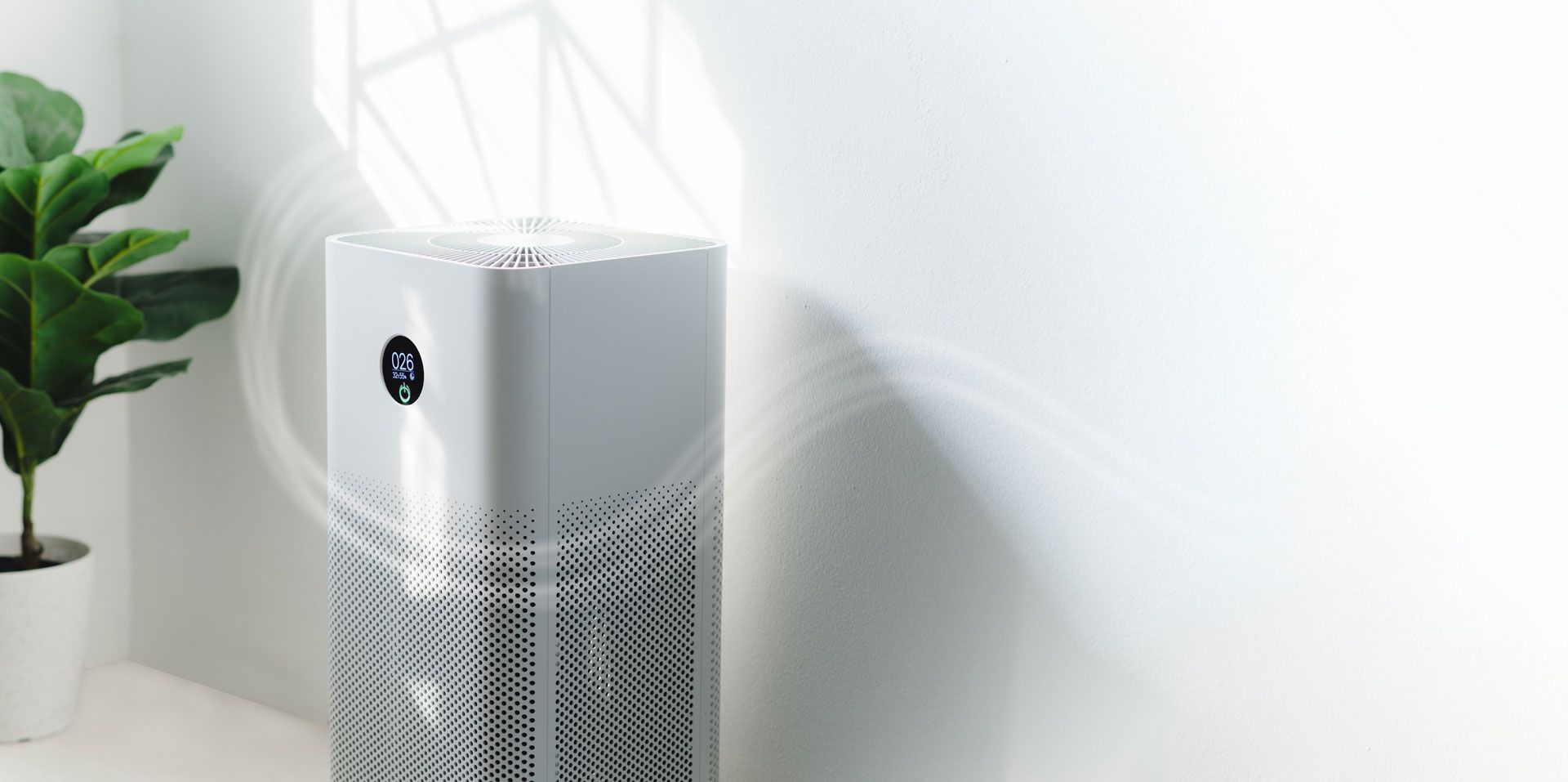 A white air purifier is sitting on a table next to a potted plant.
