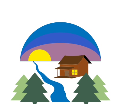 A cabin by a river with evergreen trees under a setting sun and a blue, purple, and lavender layered sky.