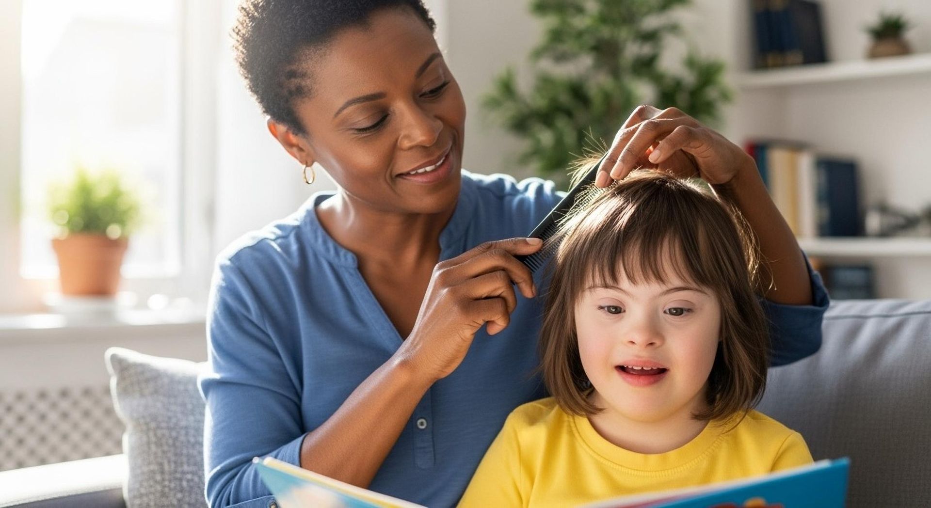 Adult and child on a couch reading a blue book, with the adult gently styling the child's hair