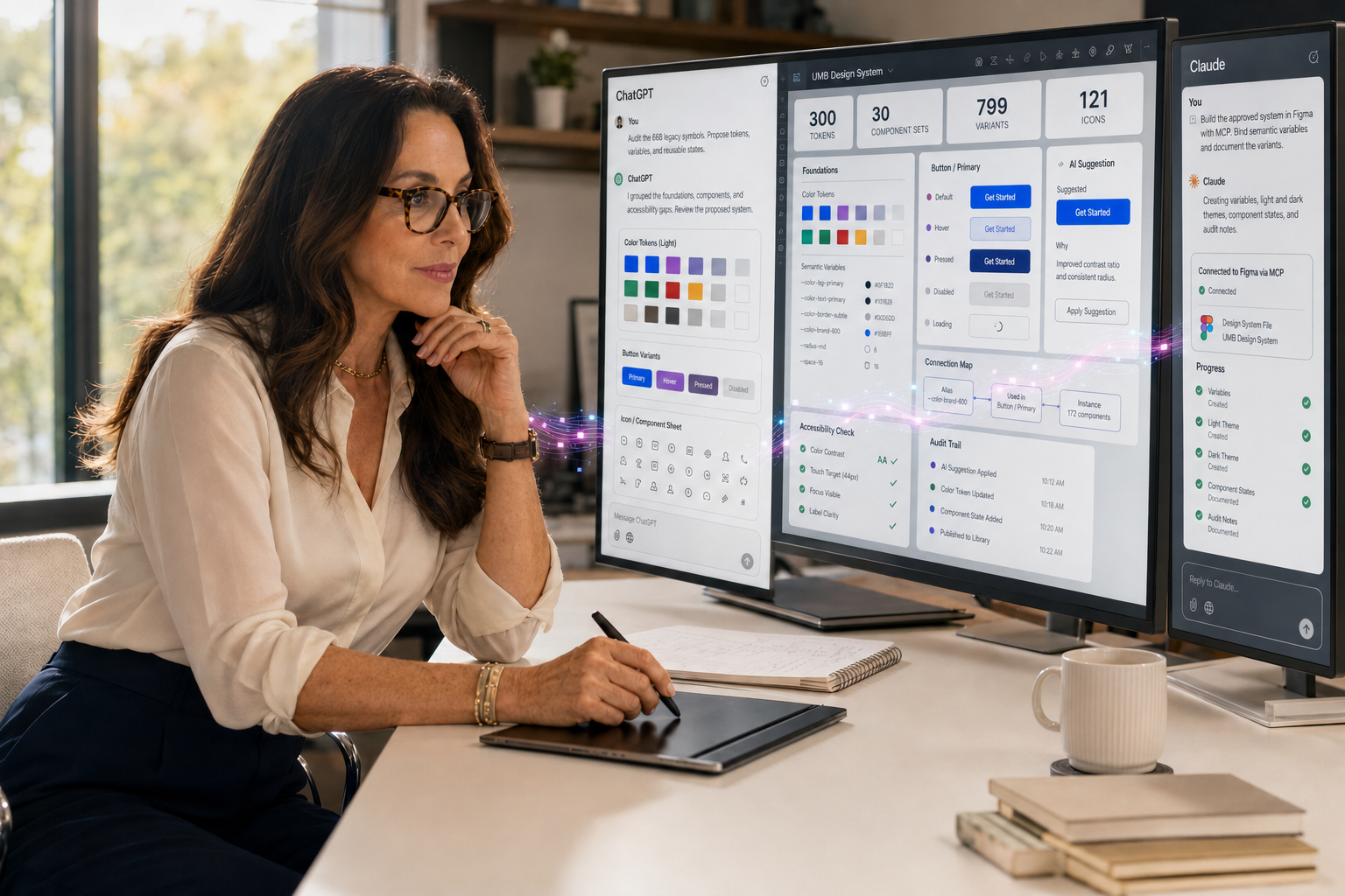 Vicky reviewing UMB design-system metrics with ChatGPT and Claude on three monitors.
