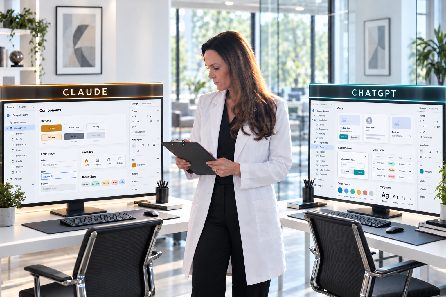 Vicky comparing Claude and ChatGPT design-system outputs in a research workspace.