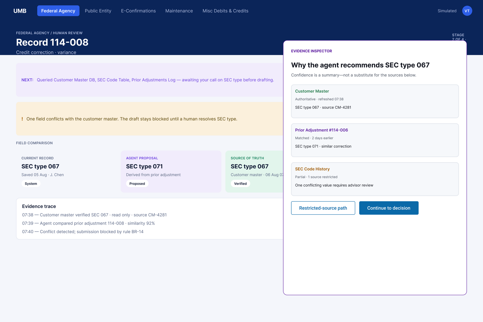 Human-review screen comparing a record, agent proposal, source of truth and supporting evidence.