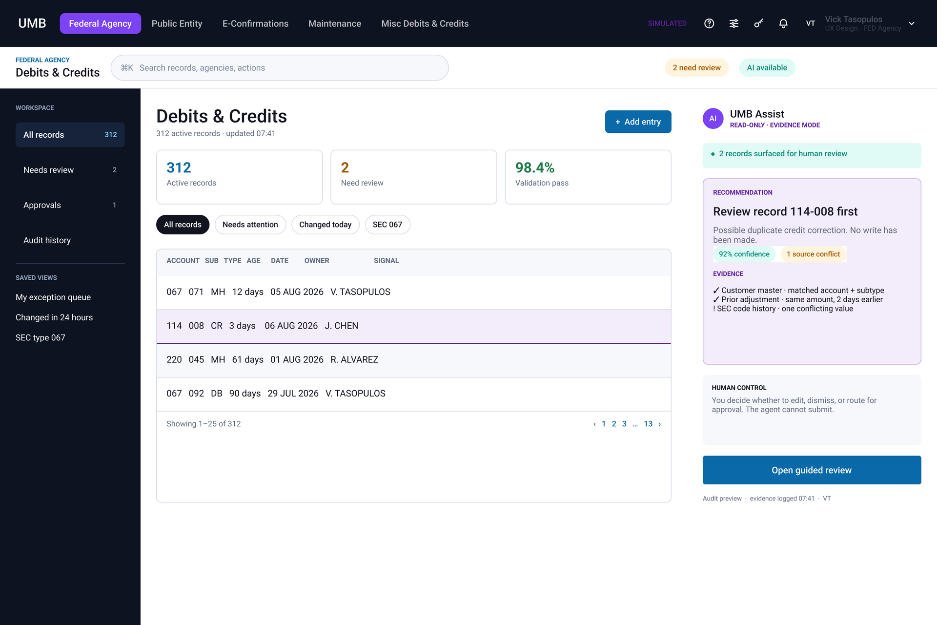 UMB Debits and Credits workspace with AI recommendations, confidence, evidence and human-review controls.