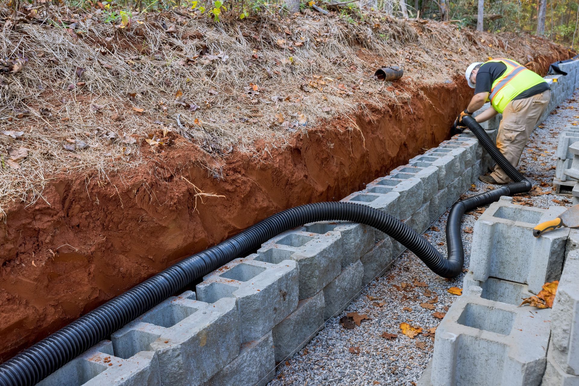Worker installing black drainage pipe along cinder block trench wall on a dirt slope