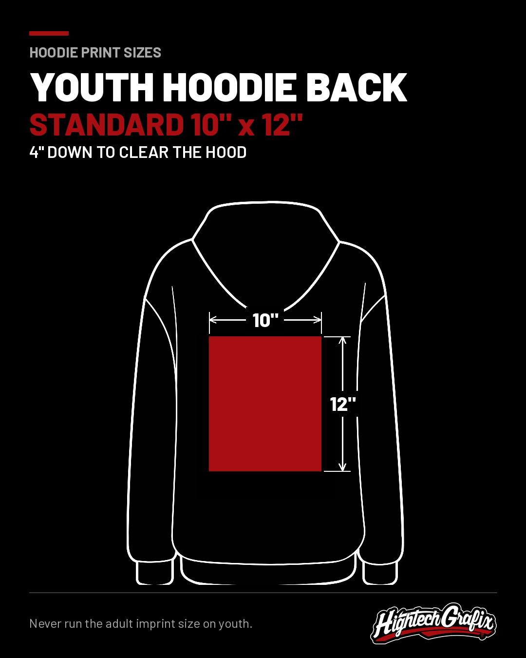 Youth hoodie back, standard 10 x 12 inches