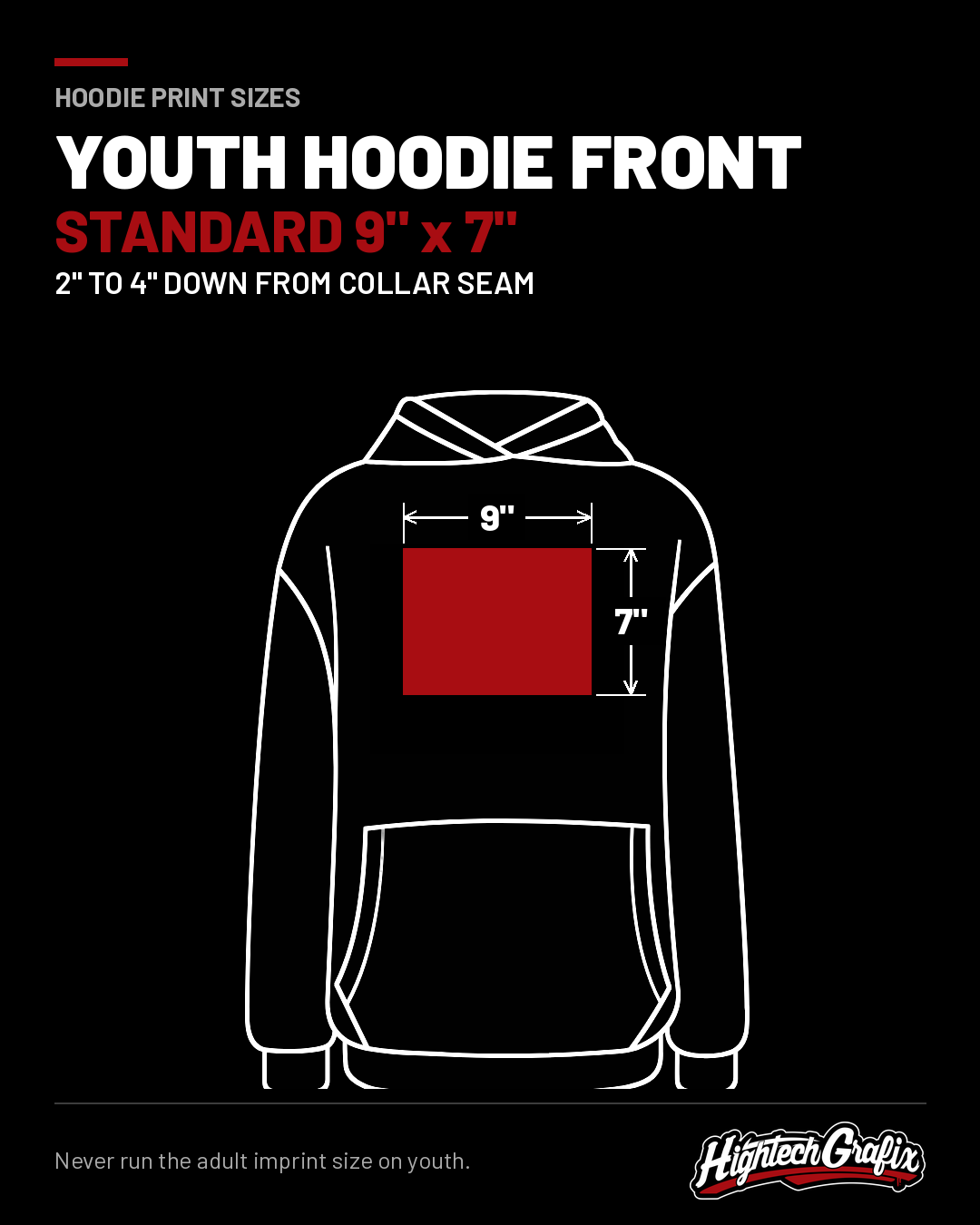 Youth hoodie front, standard 9 x 7 inches